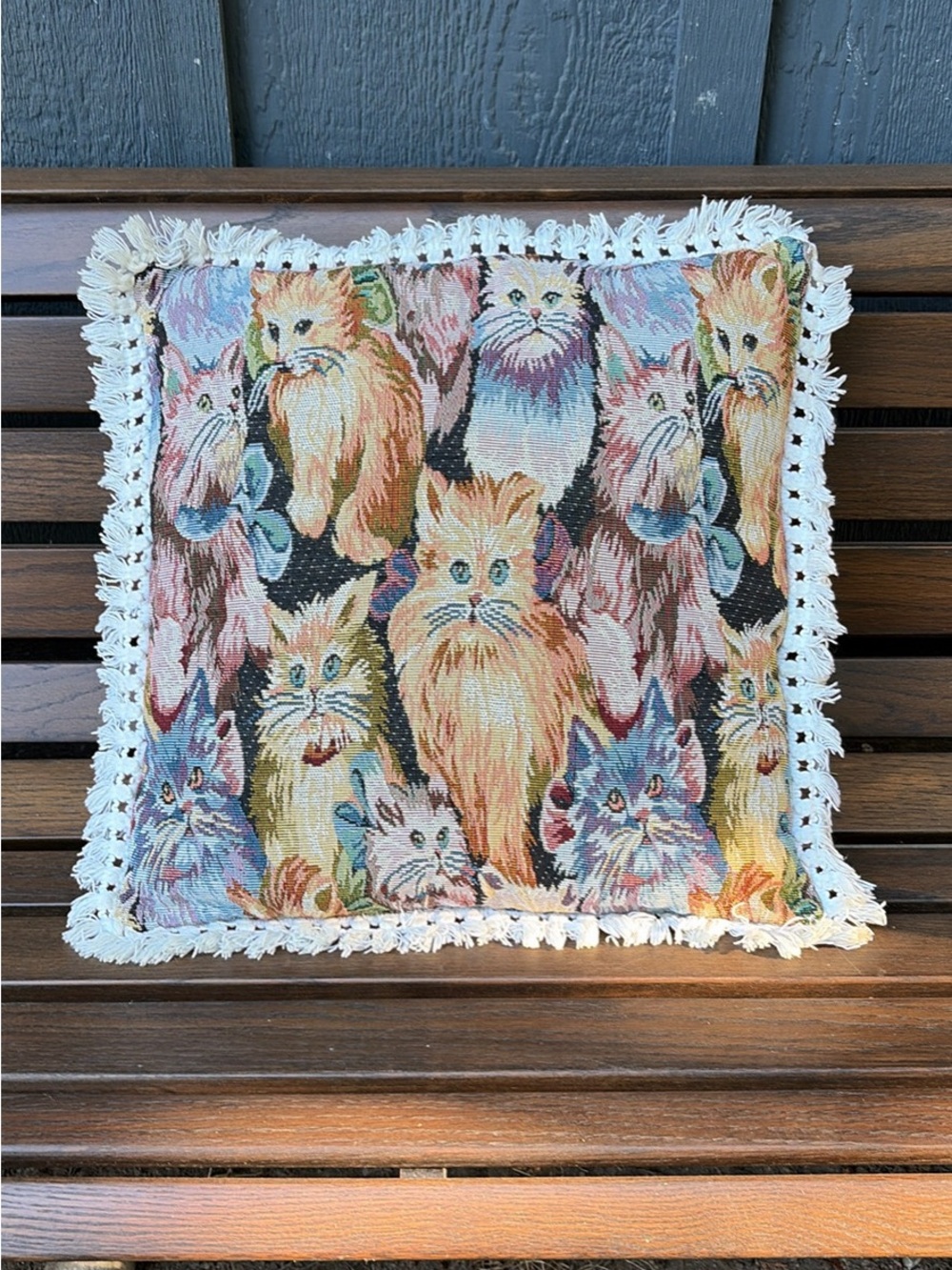 Decorative Multicolor Cat Tapestry Throw Pillow with Fringe